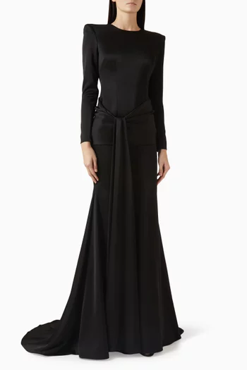 Long-sleeve Draped Gown in Satin Crepe