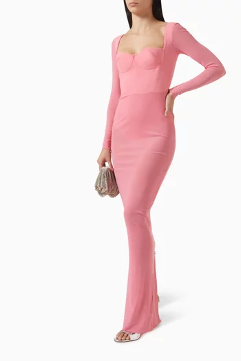 Long-sleeve Cupped Column Maxi Dress in Mesh