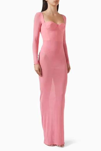 Long-sleeve Cupped Column Maxi Dress in Mesh