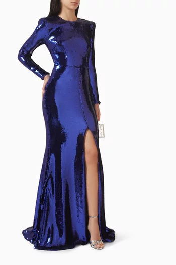 Long-sleeve Sequin-embellished Gown