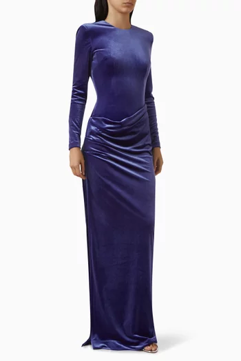 Long-sleeve Draped Column Gown in Velvet