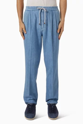 Double Pleats Drawstring Pants in Denim