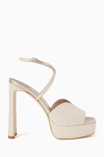 صندل كارلي بنعل سميك وكعب 125 مم جلد مزين بغليتر