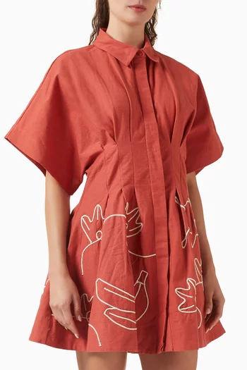 Pleated Mini Shirtdress in Cotton Blend