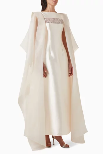 فستان سهرة بجزء مزين بتطريزات ستان