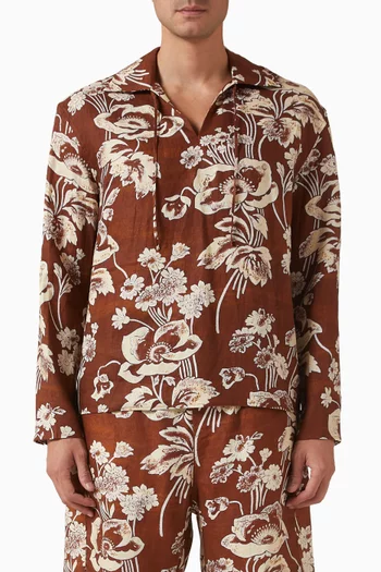 Painted Peonies Front Tie Shirt in Linen