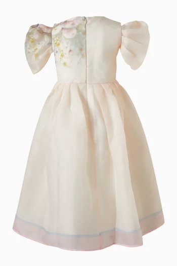 Floral Puff-sleeves Dress in Organza