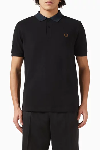Black Watch Tartan Collar Polo Shirt in Cotton Pique