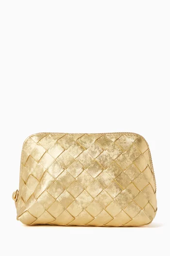 حافظة مستحضرات تجميل صغيرة جلد مجدول بملمس ستان