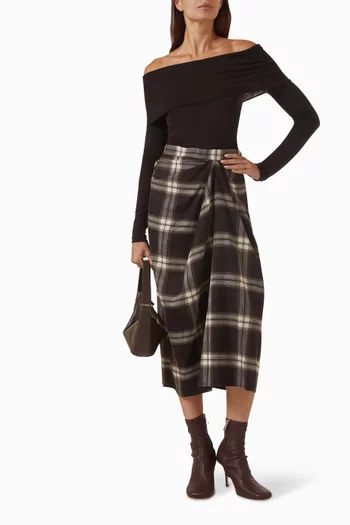 Draped Checked Midi Skirt