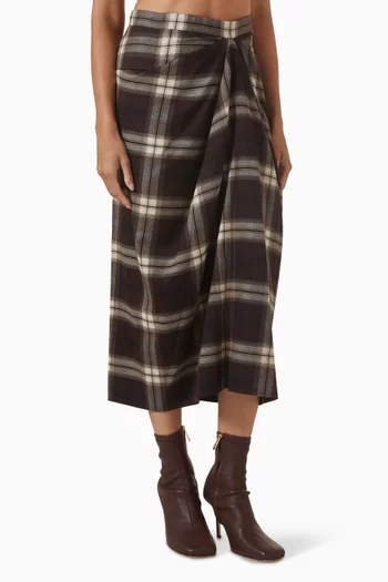 Draped Checked Midi Skirt