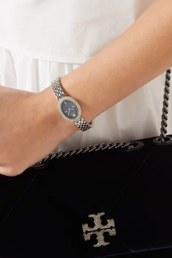 Oval Pavé Quartz Stainless Steel Watch, 22 x 28mm