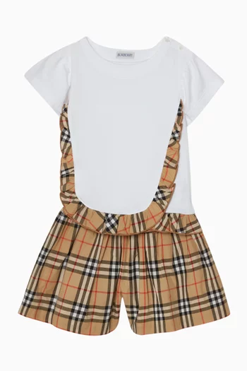 تي شيرت بأشرطة بنقشة مربعات وكشكش قطن مطاطي