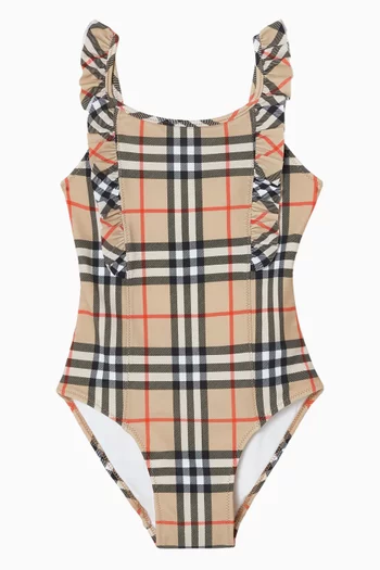 لباس سباحة بنقشة مربعات وحواف كشكش