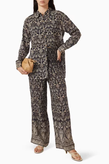 بنطال كالاوي بقصة ساق واسعة وكشكش مزيج قطن