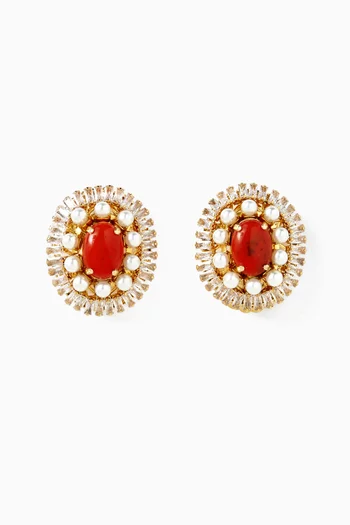 Crystal & Stone Stud Earrings in Gold-plated Brass