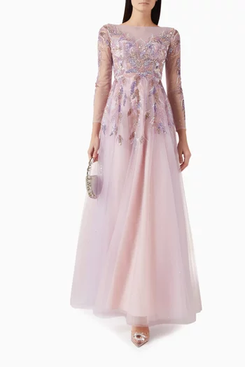 فستان سهرة مطرز بالترتر تول