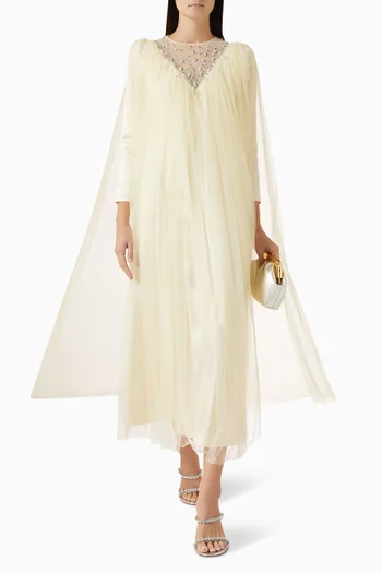 فستان بكاب مزين بتطريزات زهور تول وكريب