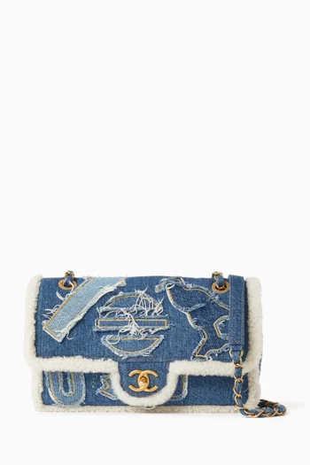 2019 Paris-Egypt Hieroglyph Flap Shoulder Bag in Denim & Shearling