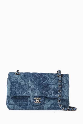 2016 Camellia Printed Medium Double Flap Shoulder Bag in Denim