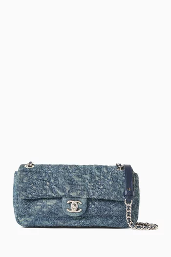 2010s Camellia Stitched Single Flap Shoulder Bag in Denim