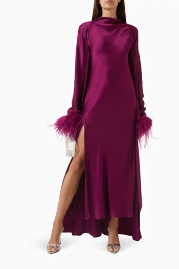 فستان طويل بوجهين ودرابيه عند فتحة الرقبة ستان