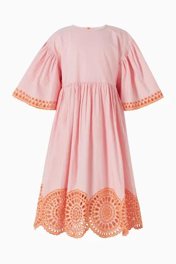 Embroidered Trim Dress in Cotton Poplin