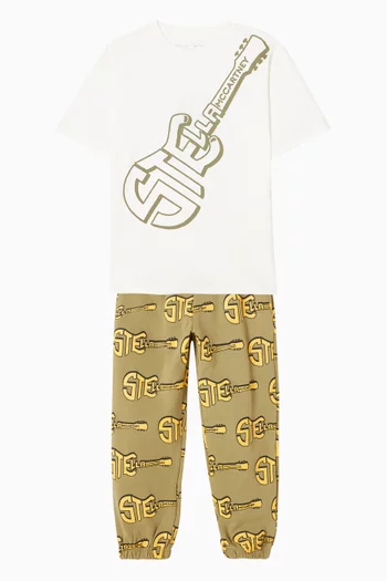 تي شيرت بنقشة غيتار وشعار الماركة قطن