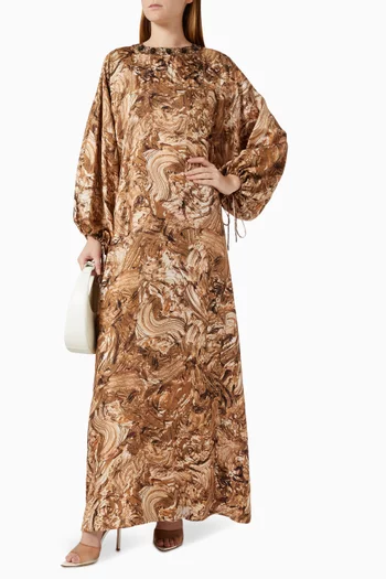 فستان طويل بنقشة ومطرز بأحجار الراين حرير