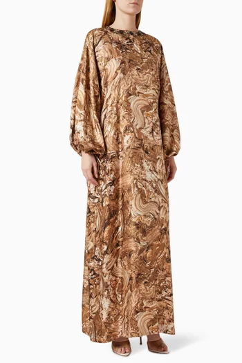 فستان طويل بنقشة ومطرز بأحجار الراين حرير