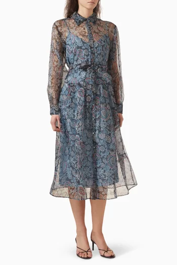 فستان متوسط الطول بنمط قميص حرير أورجانزا