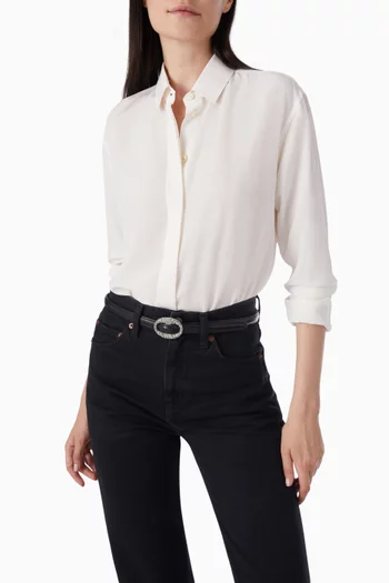 حزام رفيع بإبزيم بيضاوي مرصع بالكريستال جلد ناعم