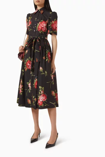 Rose Bouquet-print Midi Shirt Dress in Cotton-poplin