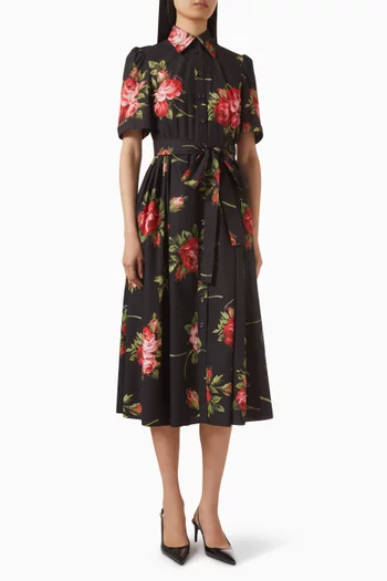 Rose Bouquet-print Midi Shirt Dress in Cotton-poplin