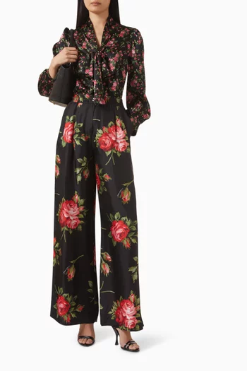 Rose Bouquet-print Wide-leg Pants in Silk-twill