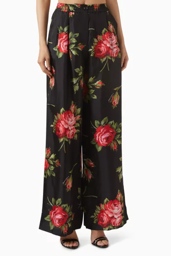 Rose Bouquet-print Wide-leg Pants in Silk-twill