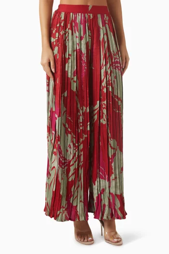 بنطال مزين بنقشة زهور موسلين قطن وحرير