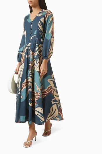 فستان بنقشة زهور كتان