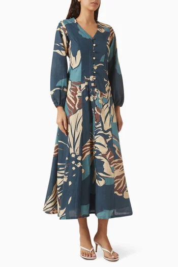 فستان بنقشة زهور كتان