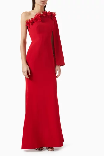 فستان سهرة بكتف مكشوف مزين بزهور كريب