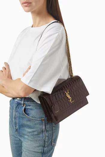 Medium Sunset Bag in Crocodile-Embossed Leather