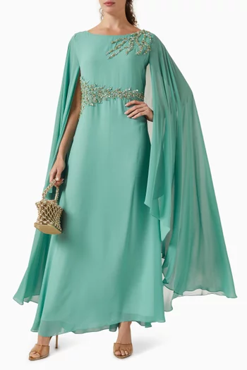 Boatneck Cape-sleeves Maxi Dress