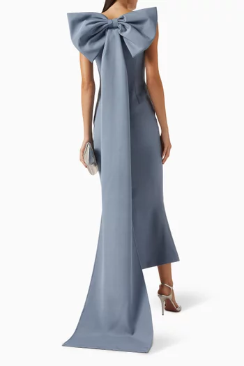 Cascading Back Bow Maxi Dress in Crepe & Chiffon