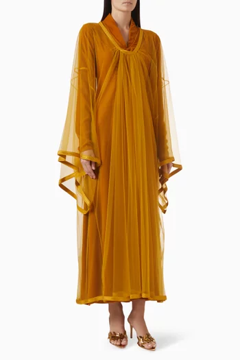 "Elegant 2-piece set with outer tulle with lace details,layered over a long sleeves fitted inner dress in velvet.":Brown    :M|219127762