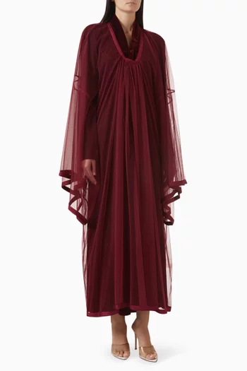 "Elegant 2-piece set with outer tulle with lace details,layered over a long sleeves fitted inner dress in velvet.":Red    :S|219127757