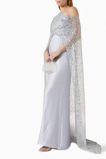 فستان أوبالين بكاب ومطرز بالترتر