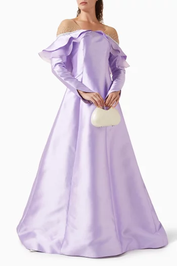 فستان سهرة كشكش بأكتاف مكشوفة