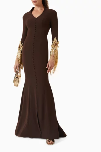 فستان سهرة تشيري مزين بتطريزات