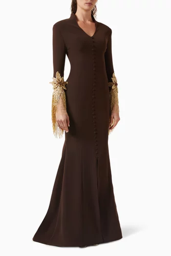 فستان سهرة تشيري مزين بتطريزات