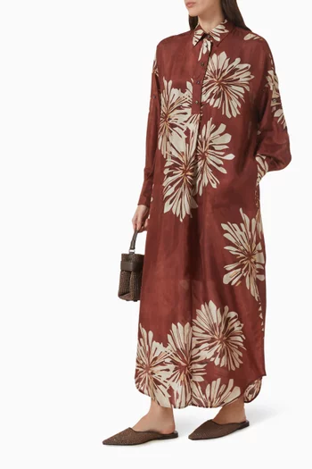 Bloom Print Pongee Maxi Dress in Silk